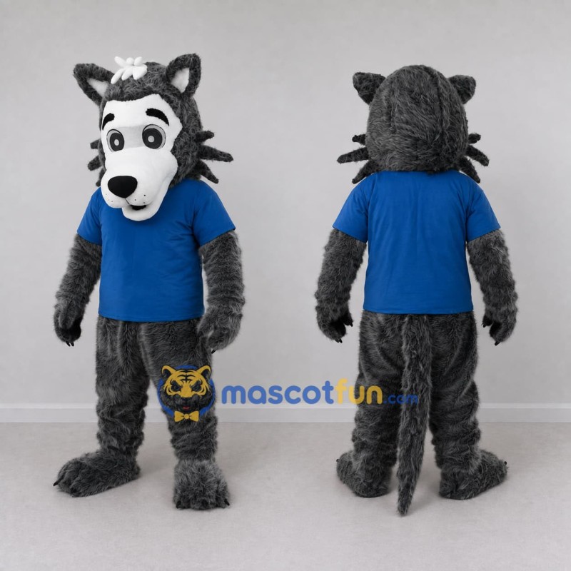 Custom Gray and Blue Wolf in T Shirt Mascot Costume Adult Full Body Suit for School Events Custom Gray and Blue Wolf in T Shirt Mascot Costume Adult Full Body Suit for School Events