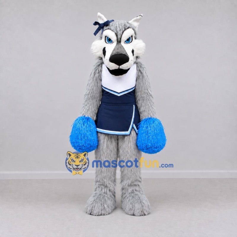 Custom Gray and Navy Blue Wolf Cheerleader Mascot Costume Adult Full Body Suit for Sports Events Custom Gray and Navy Blue Wolf Cheerleader Mascot Costume Adult Full Body Suit for Sports Events