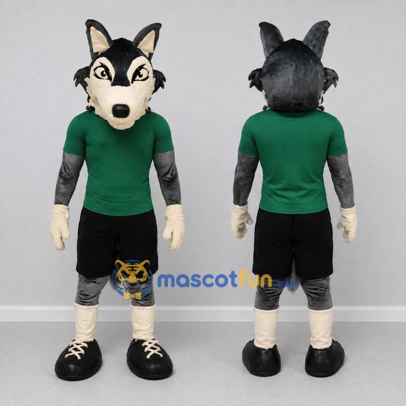 Custom Gray and Green Wolf in Sportswear Mascot Costume Adult Full Body Suit for Sports Events Custom Gray and Green Wolf in Sportswear Mascot Costume Adult Full Body Suit for Sports Events