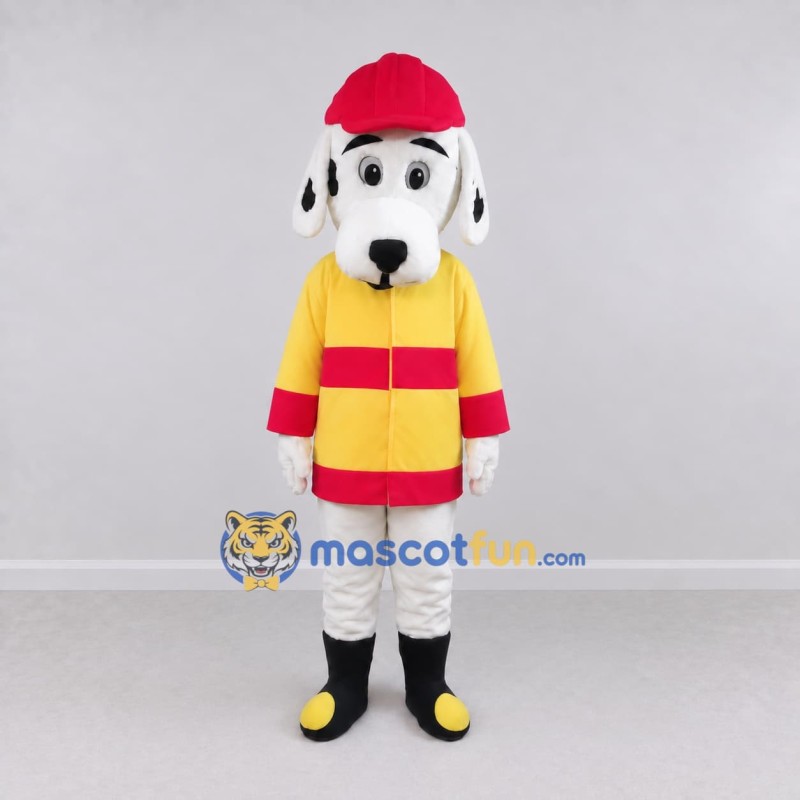 Custom White Yellow and Red Dalmatian Firefighter Mascot Costume Adult Full Body Suit for Community Events Custom White Yellow and Red Dalmatian Firefighter Mascot Costume Adult Full Body Suit for Community Events