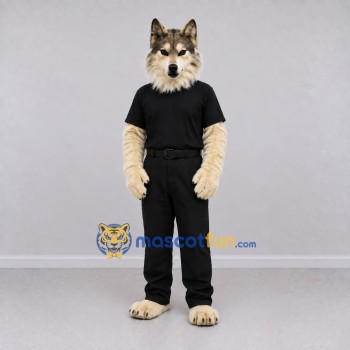 Custom Tan Gray and Black Wolf in Shirt and Pants Mascot Costume Adult Full Body Suit for Themed Parties