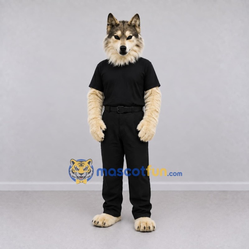 Custom Tan Gray and Black Wolf in Shirt and Pants Mascot Costume Adult Full Body Suit for Themed Parties Custom Tan Gray and Black Wolf in Shirt and Pants Mascot Costume Adult Full Body Suit for Themed Parties