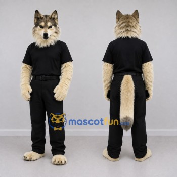 Custom Tan Gray and Black Wolf in Shirt and Pants Mascot Costume Adult Full Body Suit for Themed Parties