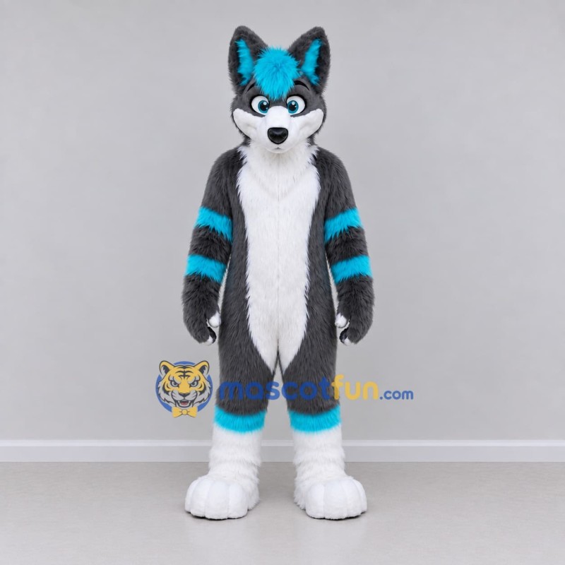 Custom Gray Turquoise and White Canine Character Mascot Costume Adult Full Body Suit for School Events Custom Gray Turquoise and White Canine Character Mascot Costume Adult Full Body Suit for School Events