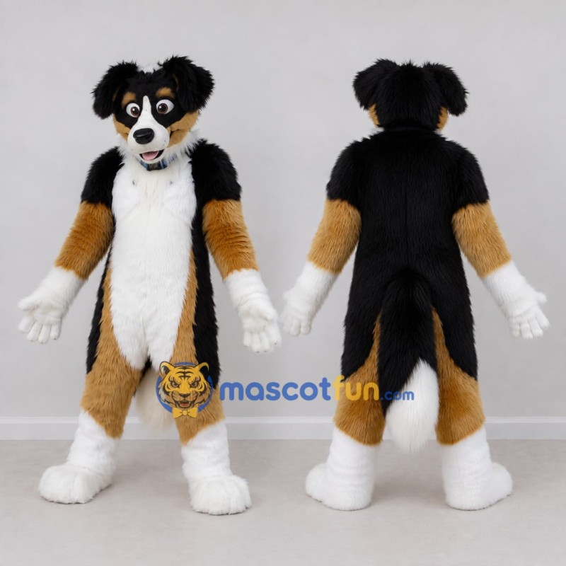 Custom Black Brown and White Dog Mascot Costume Adult Full Body Suit for Pet Events Custom Black Brown and White Dog Mascot Costume Adult Full Body Suit for Pet Events