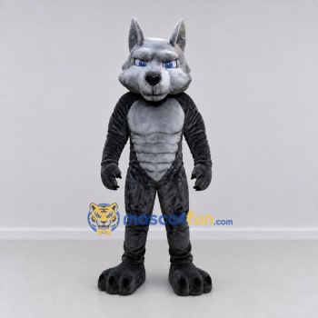 Custom Gray and Black Muscular Wolf Mascot Costume Adult Full Body Suit for Sports Events Custom Gray and Black Muscular Wolf Mascot Costume Adult Full Body Suit for Sports Events