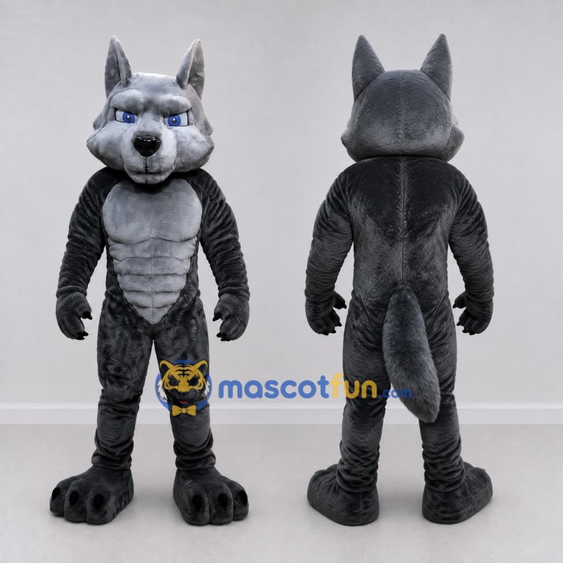 Custom Gray and Black Muscular Wolf Mascot Costume Adult Full Body Suit for Sports Events Custom Gray and Black Muscular Wolf Mascot Costume Adult Full Body Suit for Sports Events