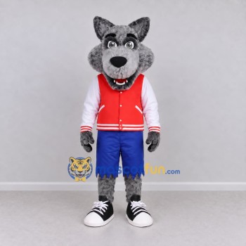 Custom Gray Red and Blue Wolf in Varsity Jacket Mascot Costume Adult Full Body Suit for School Events Custom Gray Red and Blue Wolf in Varsity Jacket Mascot Costume Adult Full Body Suit for School Events