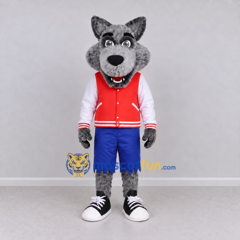 Custom Gray Red and Blue Wolf in Varsity Jacket Mascot Costume Adult Full Body Suit for School Events Custom Gray Red and Blue Wolf in Varsity Jacket Mascot Costume Adult Full Body Suit for School Events
