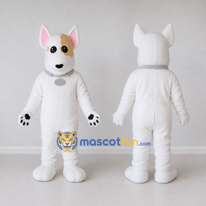 Custom White and Tan Bull Terrier Dog Mascot Costume Adult Full Body Suit for Pet Events Custom White and Tan Bull Terrier Dog Mascot Costume Adult Full Body Suit for Pet Events