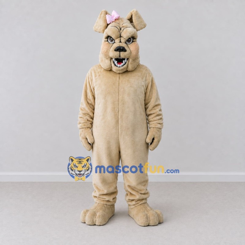 Custom Tan and Pink Bulldog with Hair Bow Mascot Costume Adult Full Body Suit for Pet Events Custom Tan and Pink Bulldog with Hair Bow Mascot Costume Adult Full Body Suit for Pet Events