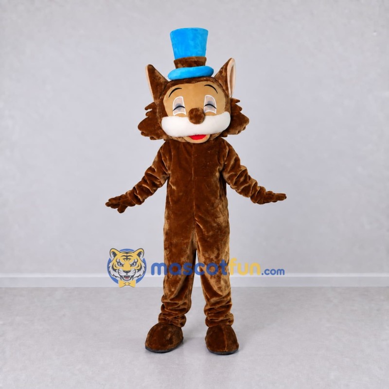 Custom Brown and Blue Cat in Top Hat Mascot Costume Adult Full Body Suit for Themed Parties Custom Brown and Blue Cat in Top Hat Mascot Costume Adult Full Body Suit for Themed Parties