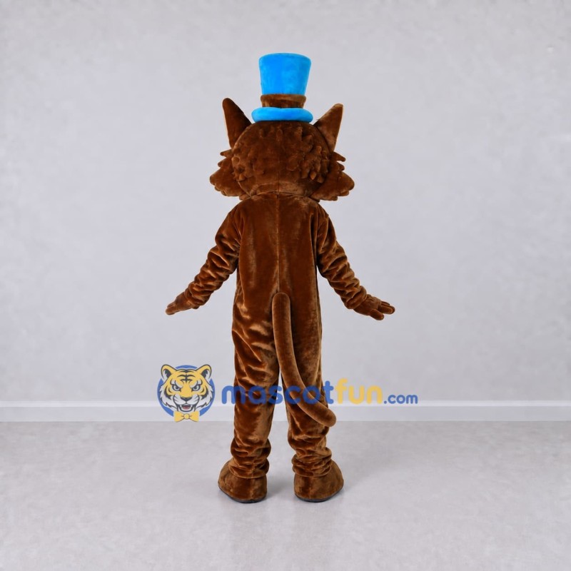 Custom Brown and Blue Cat in Top Hat Mascot Costume Adult Full Body Suit for Themed Parties Custom Brown and Blue Cat in Top Hat Mascot Costume Adult Full Body Suit for Themed Parties