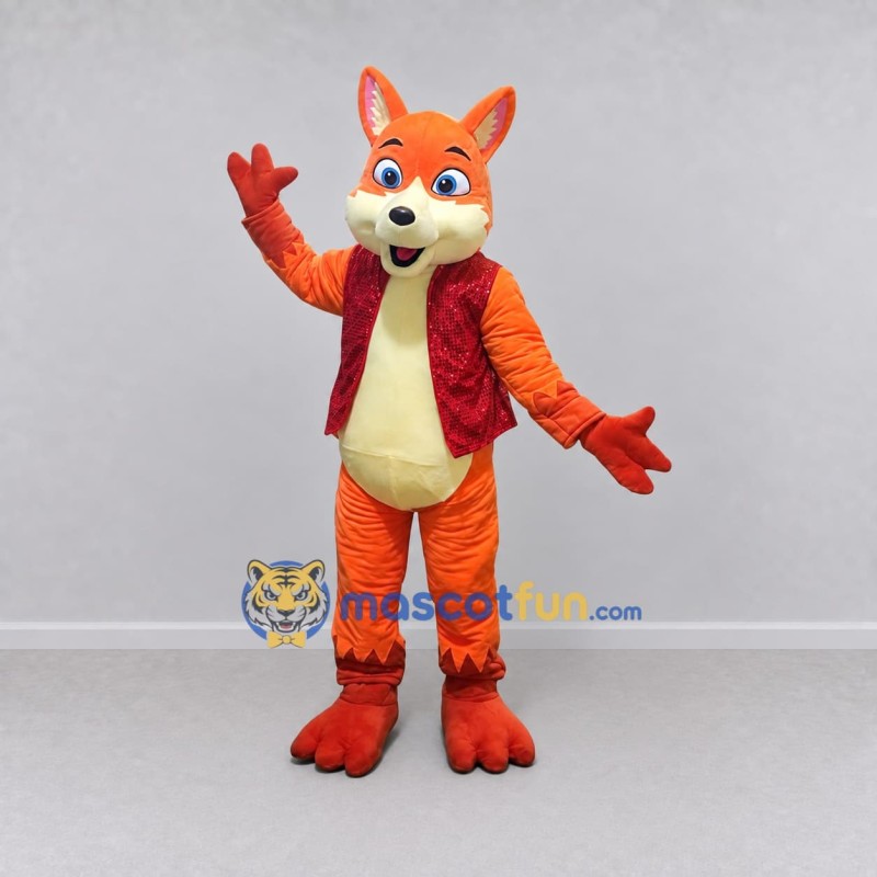 Custom Orange and Red Fox in Vest Mascot Costume Adult Full Body Suit for Themed Parties Custom Orange and Red Fox in Vest Mascot Costume Adult Full Body Suit for Themed Parties