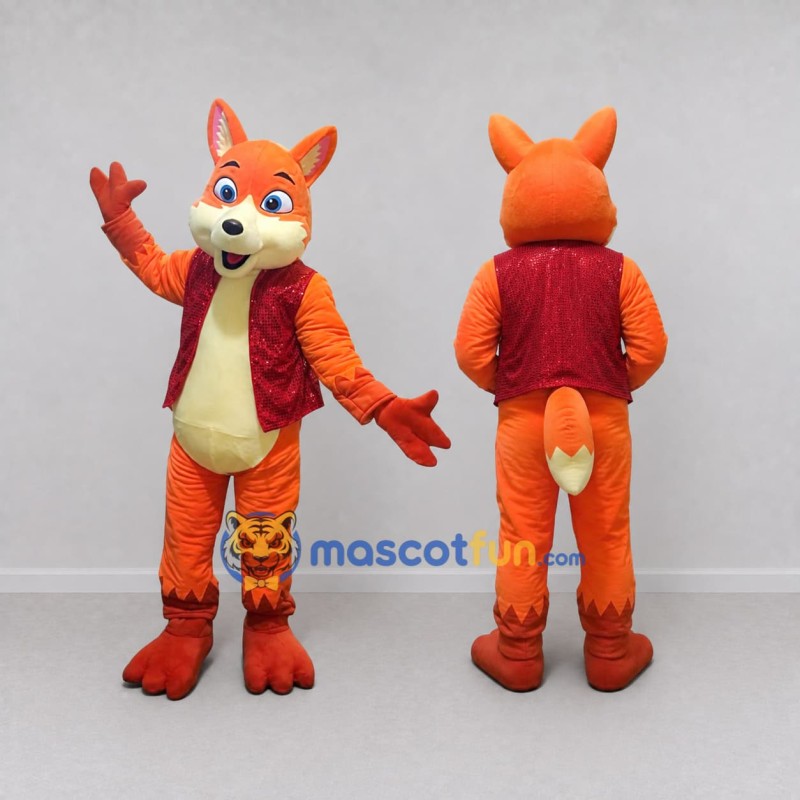 Custom Orange and Red Fox in Vest Mascot Costume Adult Full Body Suit for Themed Parties Custom Orange and Red Fox in Vest Mascot Costume Adult Full Body Suit for Themed Parties