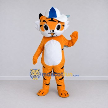 Custom Orange Black and Blue Tiger in Cap Mascot Costume Adult Full Body Suit for School Events Custom Orange Black and Blue Tiger in Cap Mascot Costume Adult Full Body Suit for School Events