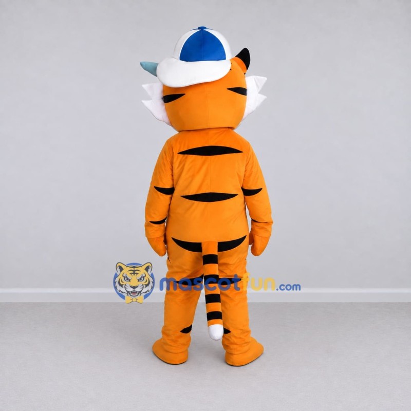 Custom Orange Black and Blue Tiger in Cap Mascot Costume Adult Full Body Suit for School Events Custom Orange Black and Blue Tiger in Cap Mascot Costume Adult Full Body Suit for School Events
