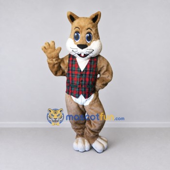 Custom Tan and Red Cat in Plaid Vest Mascot Costume Adult Full Body Suit for Themed Parties