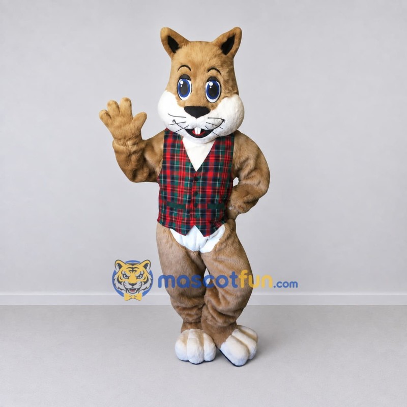 Custom Tan and Red Cat in Plaid Vest Mascot Costume Adult Full Body Suit for Themed Parties