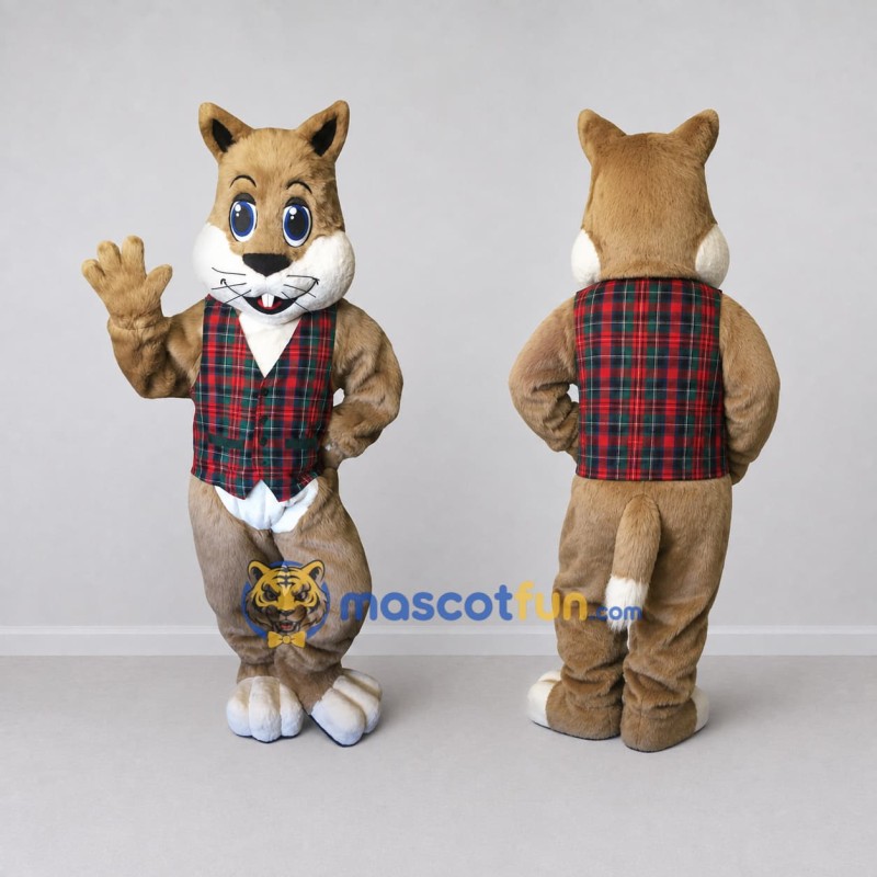 Custom Tan and Red Cat in Plaid Vest Mascot Costume Adult Full Body Suit for Themed Parties