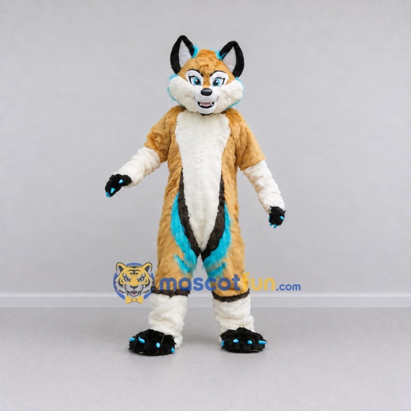 Custom Tan White and Turquoise Canine Character Mascot Costume Adult Full Body Suit for School Events Custom Tan White and Turquoise Canine Character Mascot Costume Adult Full Body Suit for School Events