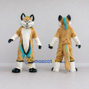 Custom Tan White and Turquoise Canine Character Mascot Costume Adult Full Body Suit for School Events