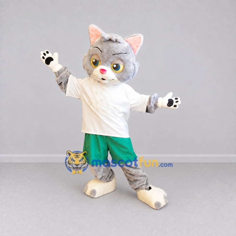 Custom Gray White and Green Cat in Sportswear Mascot Costume Adult Full Body Suit for Sports Events Custom Gray White and Green Cat in Sportswear Mascot Costume Adult Full Body Suit for Sports Events