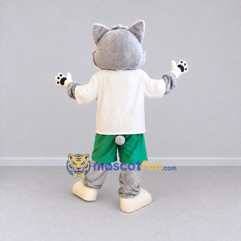 Custom Gray White and Green Cat in Sportswear Mascot Costume Adult Full Body Suit for Sports Events Custom Gray White and Green Cat in Sportswear Mascot Costume Adult Full Body Suit for Sports Events