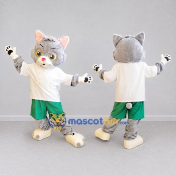 Custom Gray White and Green Cat in Sportswear Mascot Costume Adult Full Body Suit for Sports Events