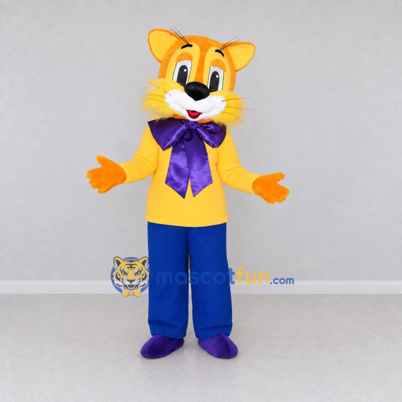 Custom Yellow and Blue Cat with Bow Tie Mascot Costume Adult Full Body Suit for Themed Parties Custom Yellow and Blue Cat with Bow Tie Mascot Costume Adult Full Body Suit for Themed Parties