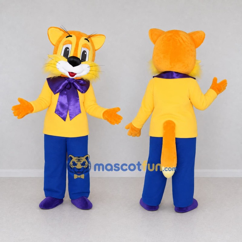Custom Yellow and Blue Cat with Bow Tie Mascot Costume Adult Full Body Suit for Themed Parties Custom Yellow and Blue Cat with Bow Tie Mascot Costume Adult Full Body Suit for Themed Parties