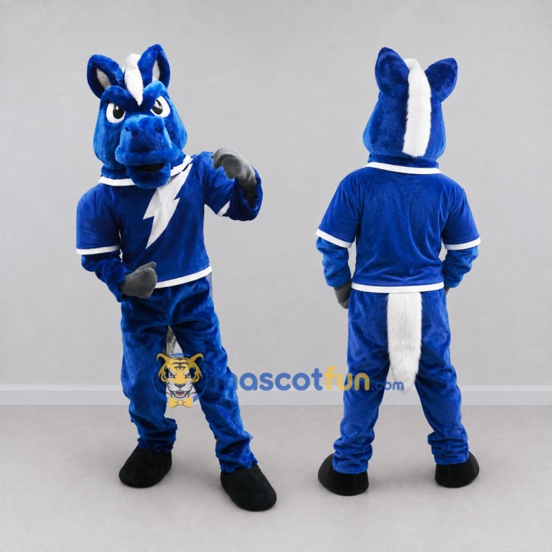 Custom Blue and White Horse in Sportswear Mascot Costume Adult Full Body Suit for Sports Events Custom Blue and White Horse in Sportswear Mascot Costume Adult Full Body Suit for Sports Events
