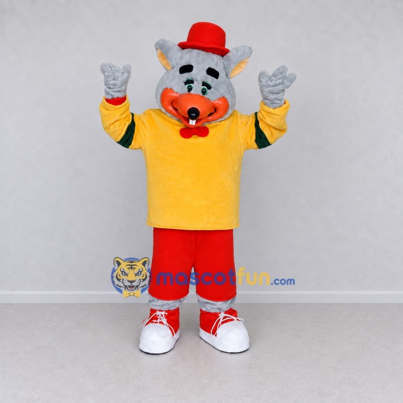 Custom Gray Yellow and Red Animal Character in Top Hat Mascot Costume Adult Full Body Suit for Themed Parties Custom Gray Yellow and Red Animal Character in Top Hat Mascot Costume Adult Full Body Suit for Themed Parties