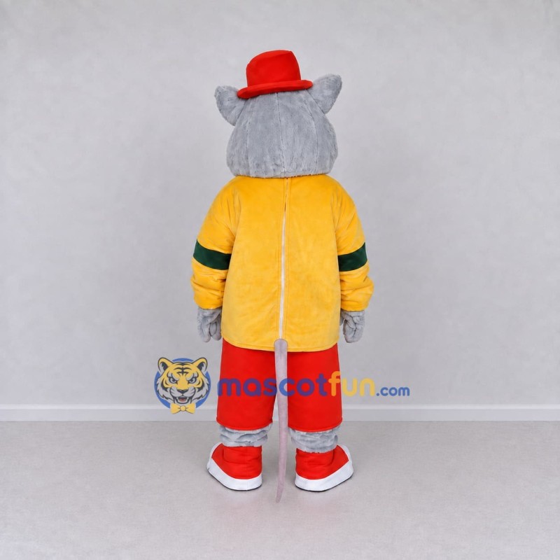 Custom Gray Yellow and Red Animal Character in Top Hat Mascot Costume Adult Full Body Suit for Themed Parties Custom Gray Yellow and Red Animal Character in Top Hat Mascot Costume Adult Full Body Suit for Themed Parties