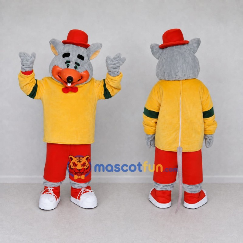 Custom Gray Yellow and Red Animal Character in Top Hat Mascot Costume Adult Full Body Suit for Themed Parties Custom Gray Yellow and Red Animal Character in Top Hat Mascot Costume Adult Full Body Suit for Themed Parties