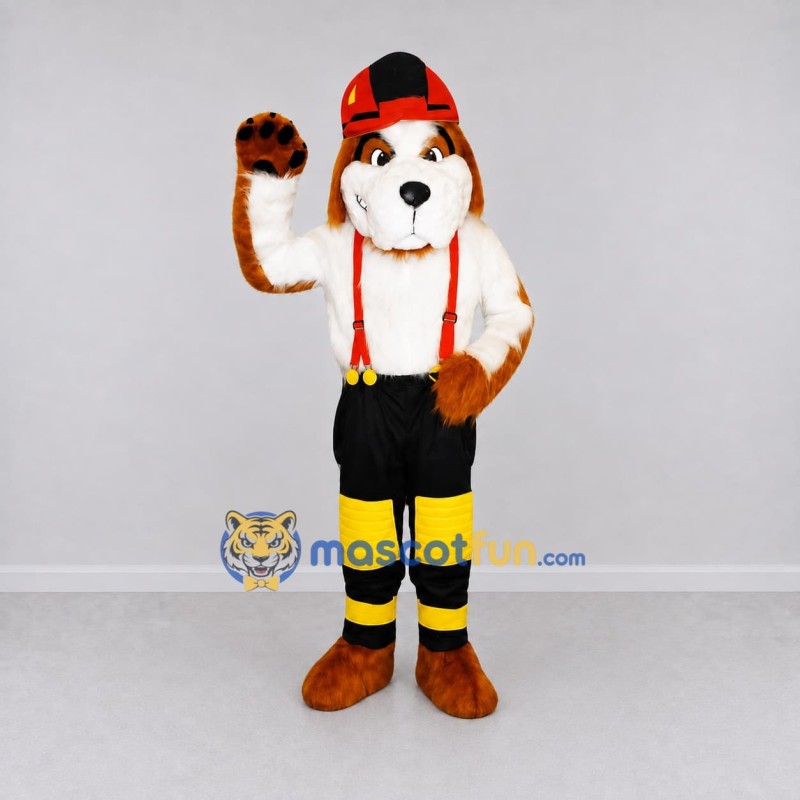 Custom Brown White and Red Dog Firefighter Mascot Costume Adult Full Body Suit for Community Events