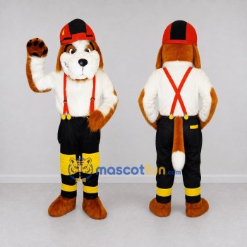 Custom Brown White and Red Dog Firefighter Mascot Costume Adult Full Body Suit for Community Events