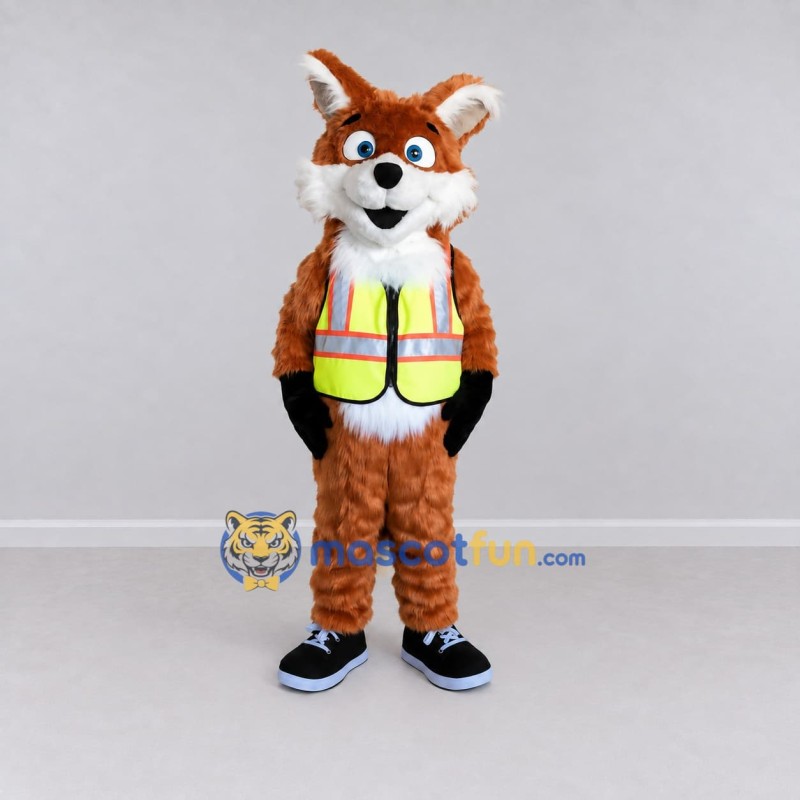 Custom Orange and Yellow Fox in Safety Vest Mascot Costume Adult Full Body Suit for Community Events Custom Orange and Yellow Fox in Safety Vest Mascot Costume Adult Full Body Suit for Community Events