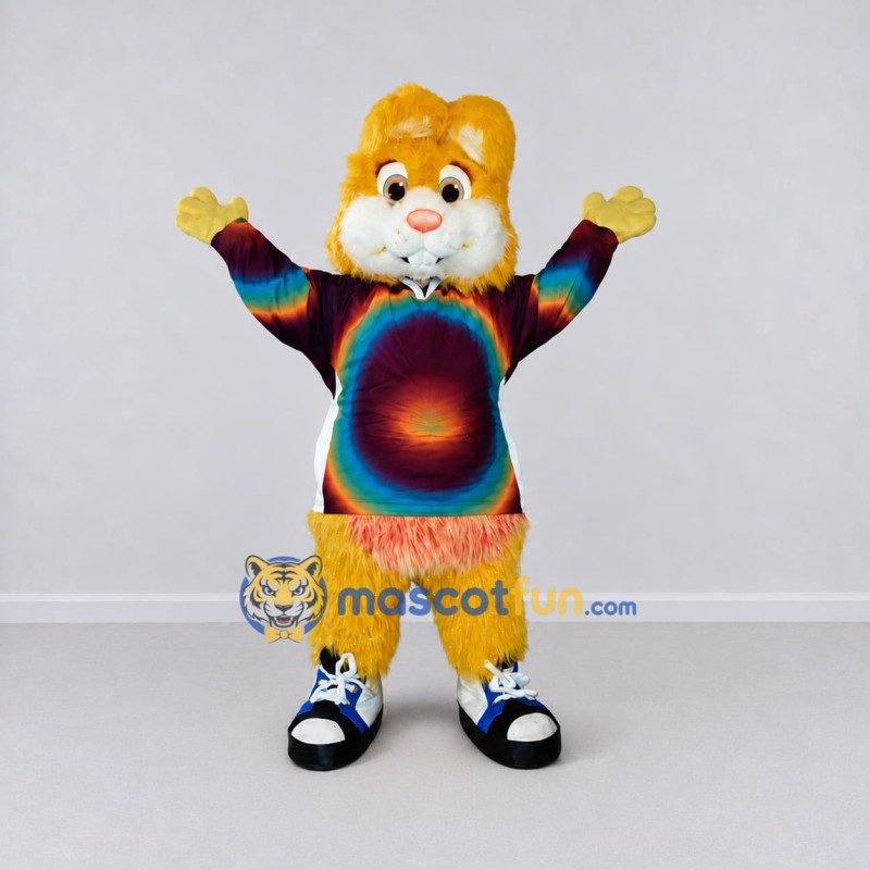 Custom Yellow and Multicolor Rodent in Rainbow Shirt Mascot Costume Adult Full Body Suit for School Events Custom Yellow and Multicolor Rodent in Rainbow Shirt Mascot Costume Adult Full Body Suit for School Events