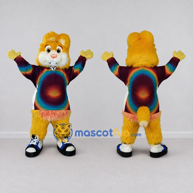 Custom Yellow and Multicolor Rodent in Rainbow Shirt Mascot Costume Adult Full Body Suit for School Events Custom Yellow and Multicolor Rodent in Rainbow Shirt Mascot Costume Adult Full Body Suit for School Events