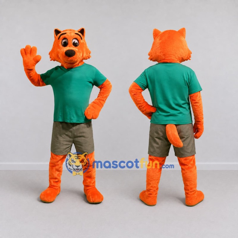 Custom Orange and Green Dog in T Shirt Mascot Costume Adult Full Body Suit for School Events Custom Orange and Green Dog in T Shirt Mascot Costume Adult Full Body Suit for School Events