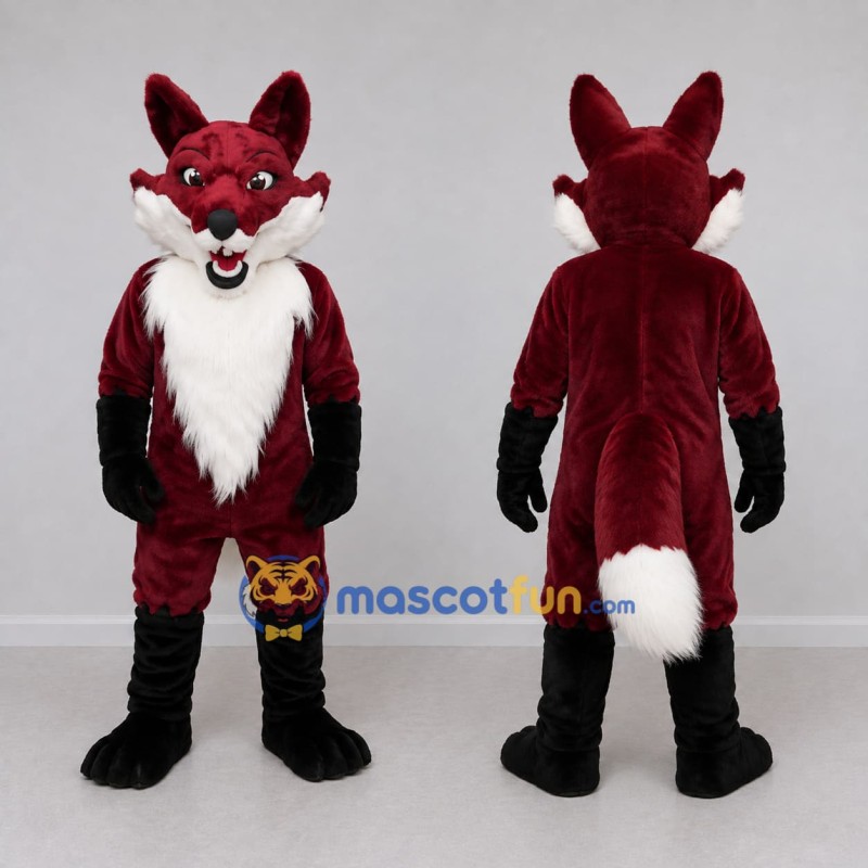Custom Burgundy Black and White Fox Mascot Costume Adult Full Body Suit for Themed Parties Custom Burgundy Black and White Fox Mascot Costume Adult Full Body Suit for Themed Parties