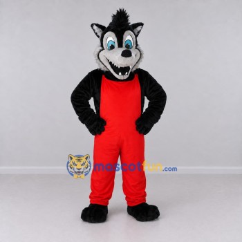Custom Black Gray and Red Wolf in Overalls Mascot Costume Adult Full Body Suit for Themed Parties Custom Black Gray and Red Wolf in Overalls Mascot Costume Adult Full Body Suit for Themed Parties