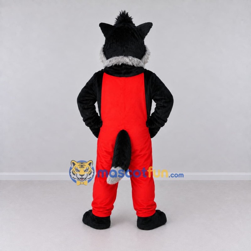 Custom Black Gray and Red Wolf in Overalls Mascot Costume Adult Full Body Suit for Themed Parties Custom Black Gray and Red Wolf in Overalls Mascot Costume Adult Full Body Suit for Themed Parties