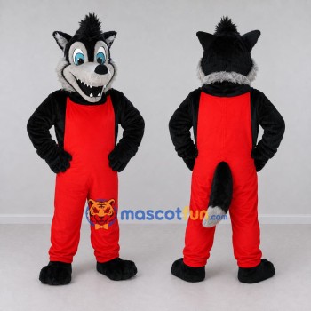 Custom Black Gray and Red Wolf in Overalls Mascot Costume Adult Full Body Suit for Themed Parties