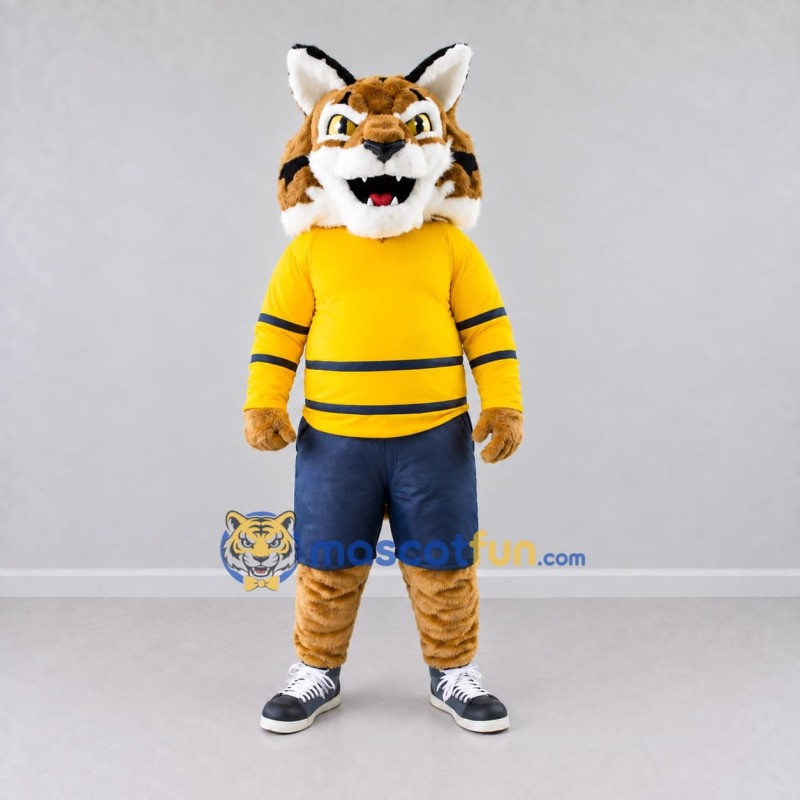 Custom Orange Yellow and Blue Tiger in Sportswear Mascot Costume Adult Full Body Suit for Sports Events Custom Orange Yellow and Blue Tiger in Sportswear Mascot Costume Adult Full Body Suit for Sports Events