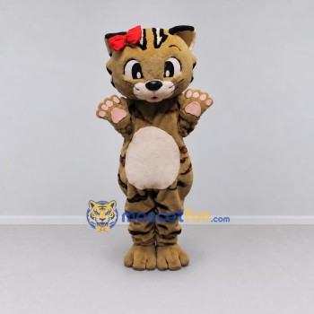 Custom Tan and Black Tabby Cat with Hair Bow Mascot Costume Adult Full Body Suit for Pet Events