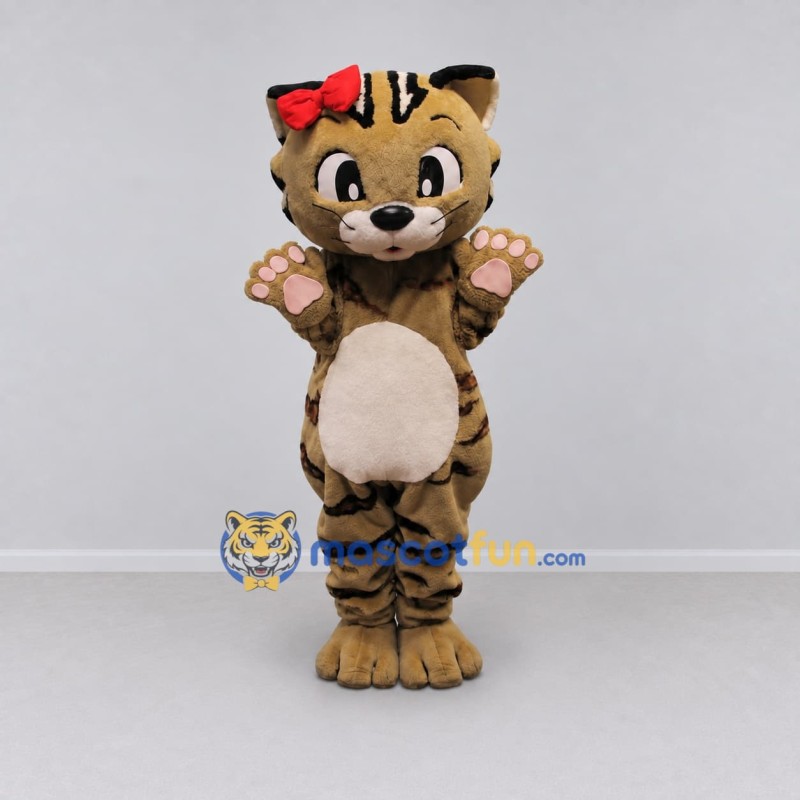 Custom Tan and Black Tabby Cat with Hair Bow Mascot Costume Adult Full Body Suit for Pet Events Custom Tan and Black Tabby Cat with Hair Bow Mascot Costume Adult Full Body Suit for Pet Events