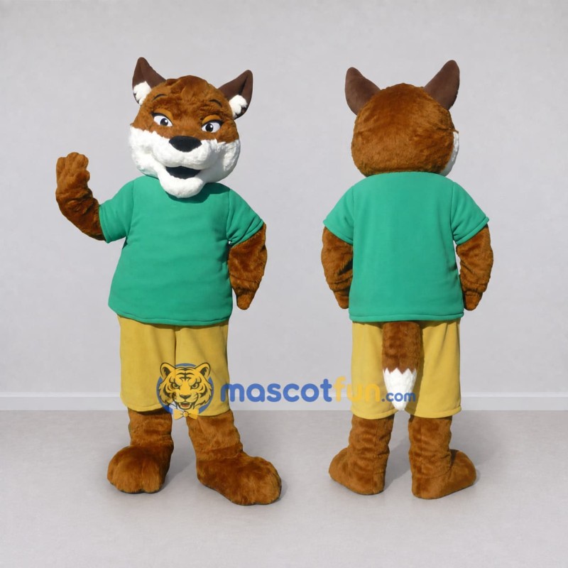Custom Brown Green and Yellow Fox in Sportswear Mascot Costume Adult Full Body Suit for Sports Events Custom Brown Green and Yellow Fox in Sportswear Mascot Costume Adult Full Body Suit for Sports Events