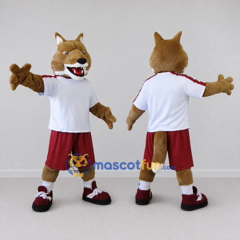Custom Brown White and Maroon Canine Character in Sportswear Mascot Costume Adult Full Body Suit for Sports Events Custom Brown White and Maroon Canine Character in Sportswear Mascot Costume Adult Full Body Suit for Sports Events